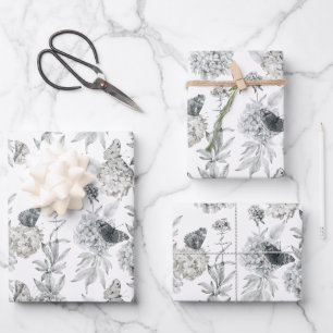 Watercolor Elegant Floral Gray Hydrangea Wrapping Paper Sheet
