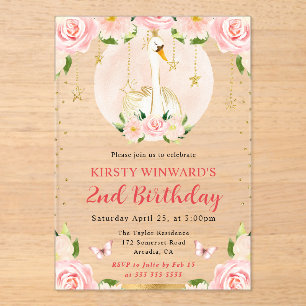 Watercolor Elegant Floral Swan Birthday Acrylic Invitations