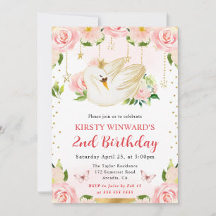 Watercolor Elegant Floral Swan Birthday Invitation