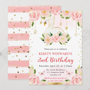 Watercolor Elegant Floral Swan Birthday Invitation