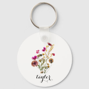 Watercolor elegant Florals Custom Name  Keychain