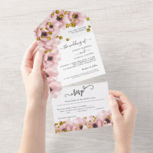 Watercolor Elegant Flowers Gold Wedding All In One Invitation