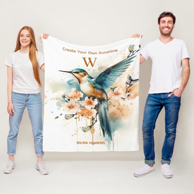 Watercolor Elegant Hummingbird Monogram With Name Fleece Blanket (In Situ)