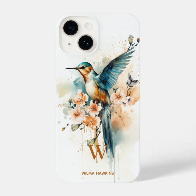 Watercolor Elegant Hummingbird Monogram With Name iPhone Case (Back)