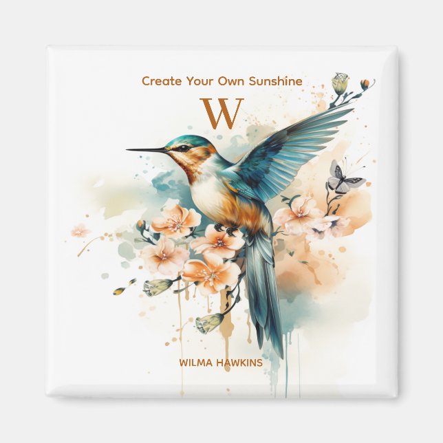 Watercolor Elegant Hummingbird Monogram With Name Magnet (Front)