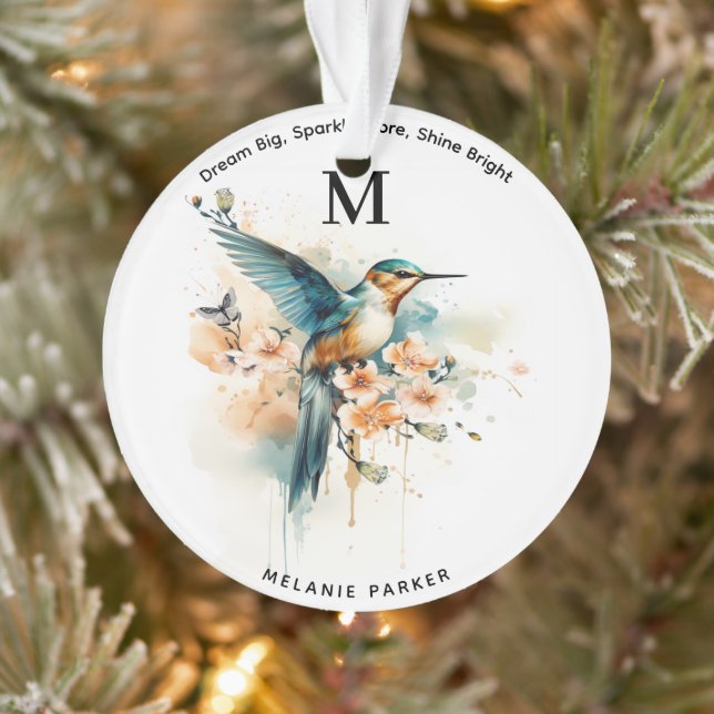 Watercolor Elegant Hummingbird Monogram With Name Ornament (Tree)