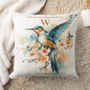 Watercolor Elegant Hummingbird Monogram With Name Throw Pillow
