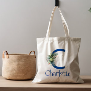 Watercolor elegant letter flower white blue tote bag