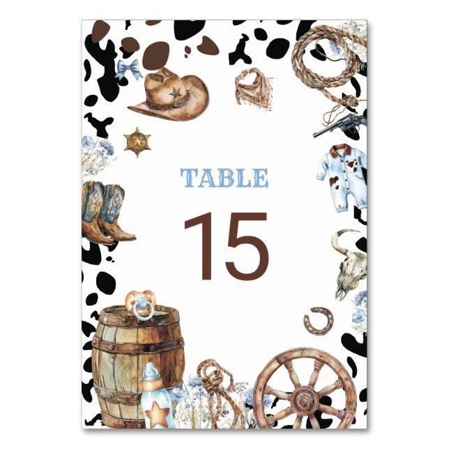 Watercolor Elegant Little Cowboy Rodeo Country Tab Table Number (Front)