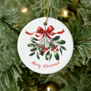Watercolor elegant mistletoe with red ribbon ceramic ornament