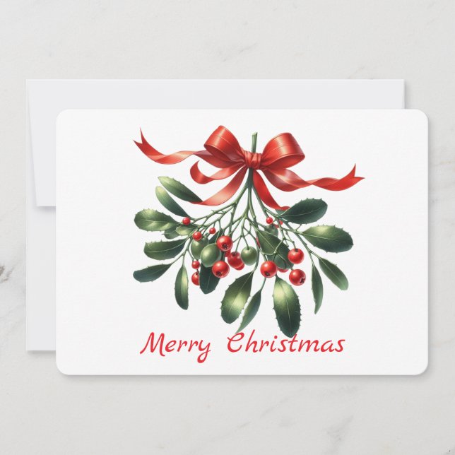 Watercolor elegant mistletoe with red ribbon holiday card (Front)