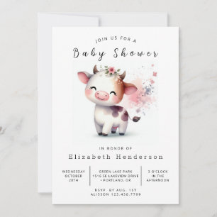 Watercolor Elegant Modern Cow Baby Shower Invitation