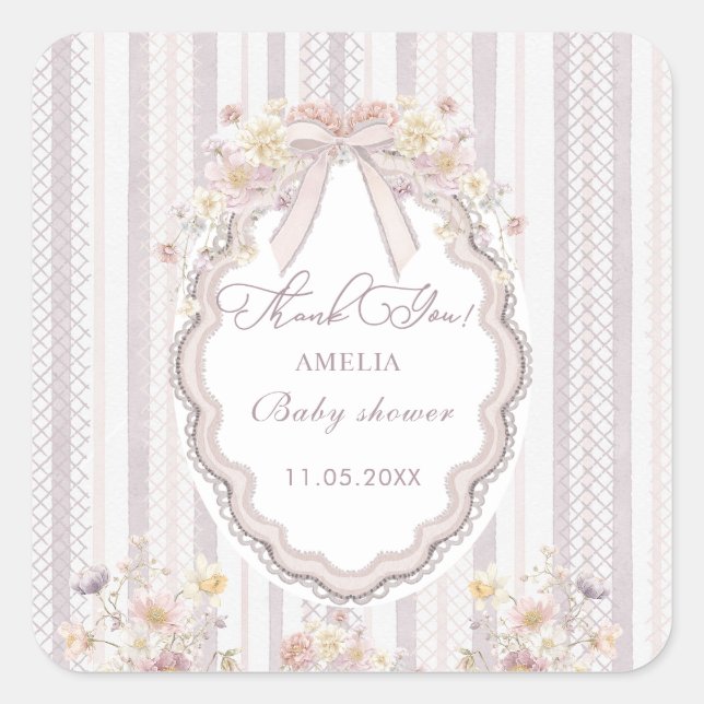 Watercolor Elegant Pastel wildflower bow lace  Bab Square Sticker (Front)