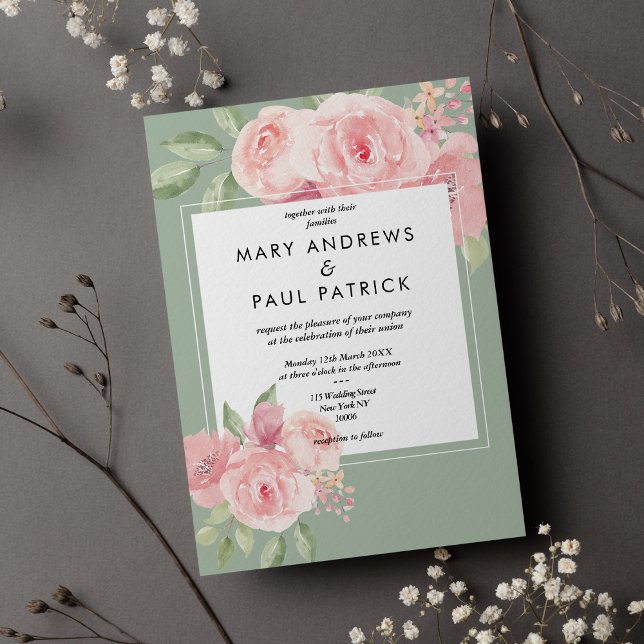 Watercolor elegant pink mint green floral Wedding Invitation (Watercolor elegant pink mint green floral Wedding )
