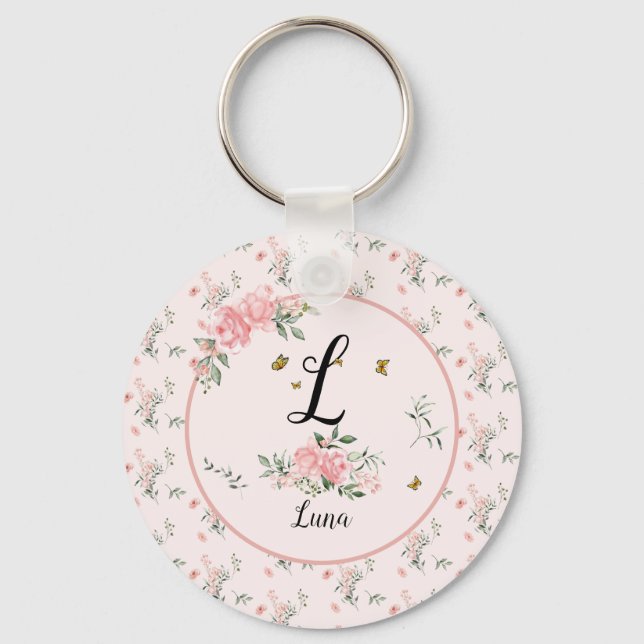 Watercolor Elegant Pink Roses with Butterflies Keychain (Front)