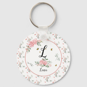 Watercolor Elegant Pink Roses with Butterflies Keychain