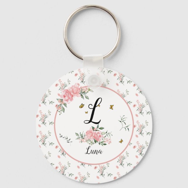 Watercolor Elegant Pink Roses with Butterflies Keychain (Front)