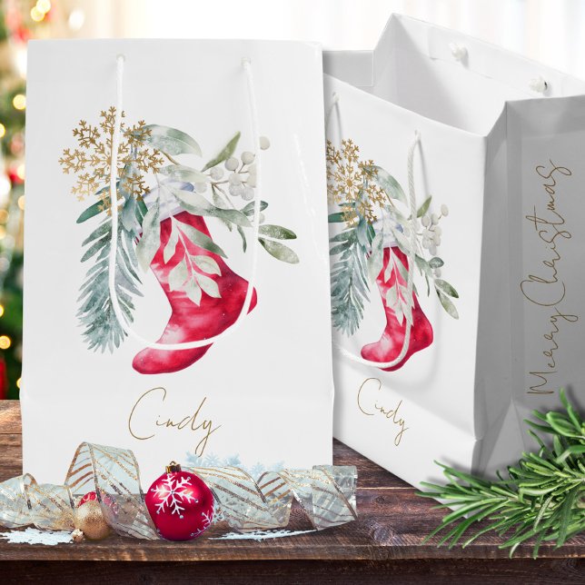 Watercolor Elegant Stocking Name Script Holiday Medium Gift Bag (Creator Uploaded)
