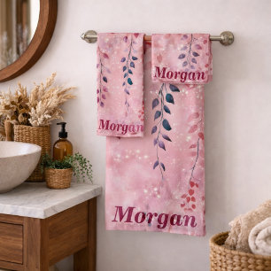 Watercolor Elegant Vines with Pink Background Bath Towel Set
