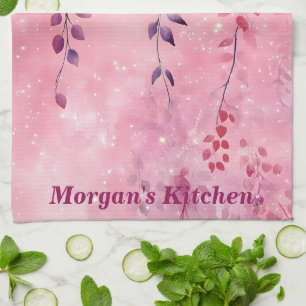 Watercolor Elegant Vines with Pink Background Kitchen Towel