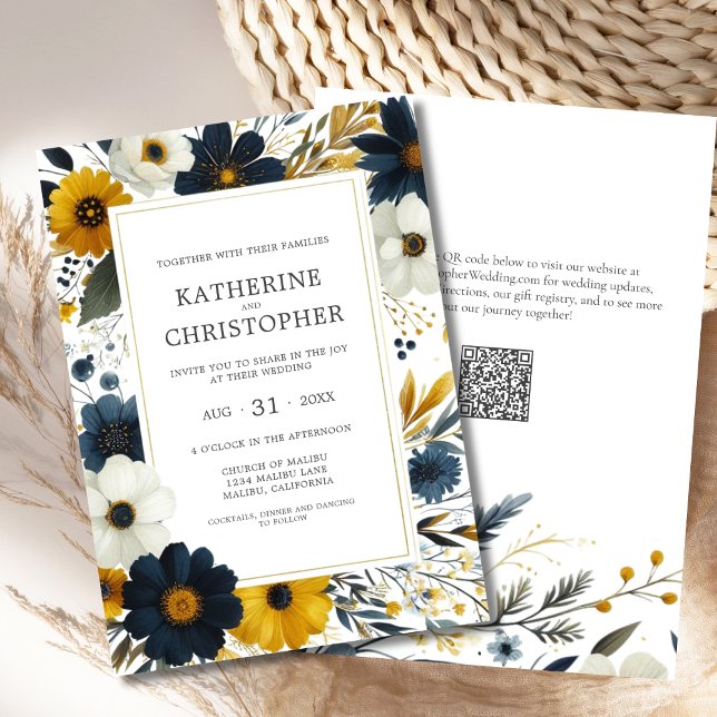 Watercolor Elegant Wildflowers Wedding Invitation (Watercolor Floral Wedding Invitation with Blue and Yellow Wildflowers, QR Code for Wedding Website.)