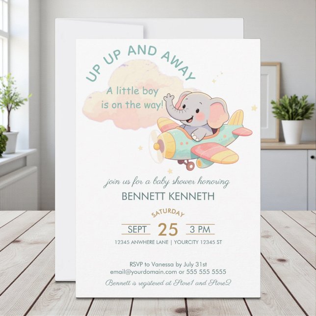 Watercolor Elephant Airplane Boy Invitation (Creator Uploaded)