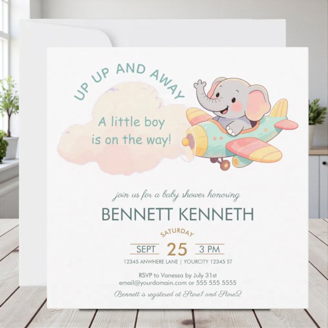 Watercolor Elephant Airplane Boy Invitation (Créateur téléchargé)