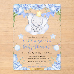 Watercolor Elephant and Blue Roses Baby Shower Acrylic Invitations