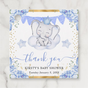 Watercolor Elephant and Blue Roses Baby Shower Favour Tags