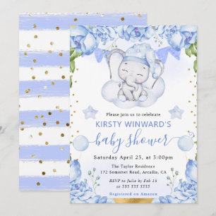 Watercolor Elephant and Blue Roses Baby Shower Invitation