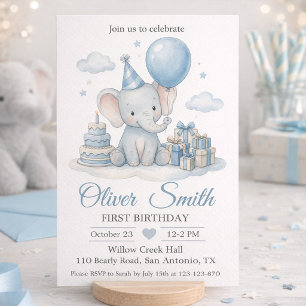 Watercolor Elephant Baby Blue First Birthday  Invitation