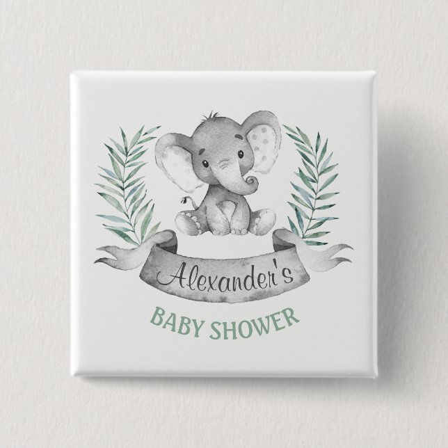 Watercolor Elephant Baby Shower 2 Inch Square Button (Front)