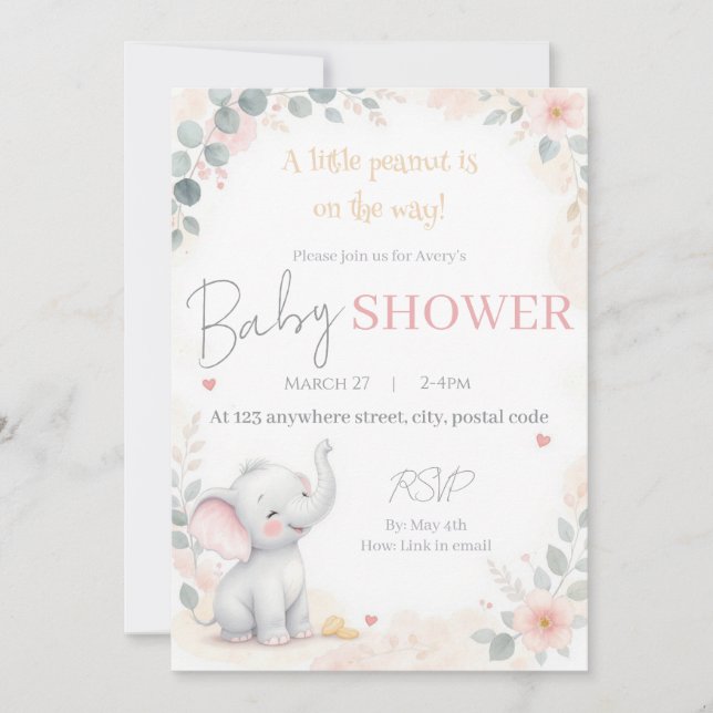 Watercolor Elephant Baby Shower Invitation (Devant)