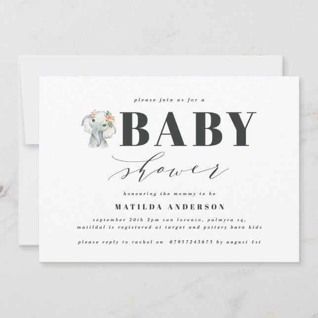 Watercolor elephant baby shower party (Front)