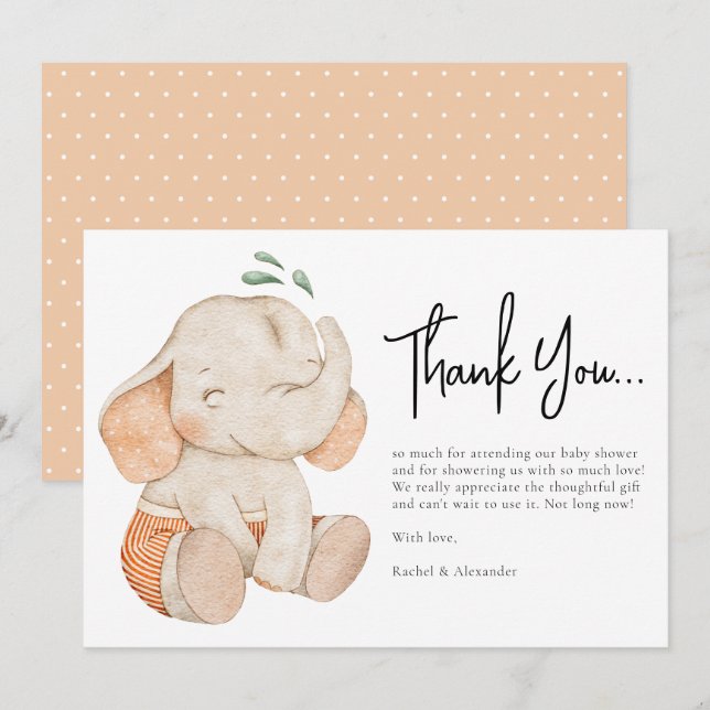 Watercolor Elephant Baby Shower Thank You Card (Front/Back)