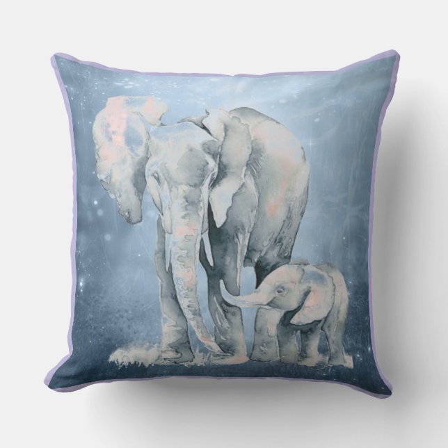 Watercolor Elephant & Baby Wildlife Animal art  Outdoor Pillow (Front)