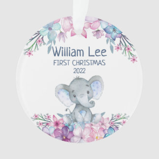 Watercolor Elephant Baby's 1st Christmas Photo Ornament