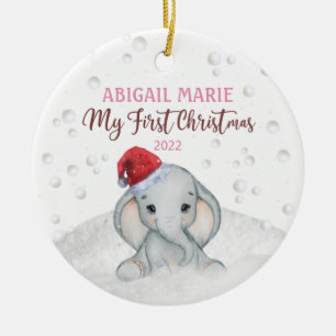 Watercolor Elephant Baby's 1st First Christmas Ceramic Ornament