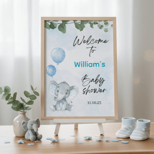 Watercolor Elephant Blue Baby Shower Welcome Sign