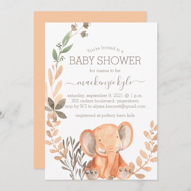 Watercolor Elephant Boho Safari Baby Shower (Front/Back)