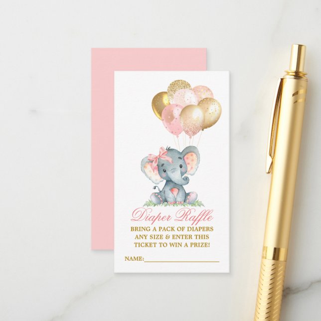 Watercolor Elephant Bow Balloons Diaper Raffle Enclosure Card (Front/Back In Situ)