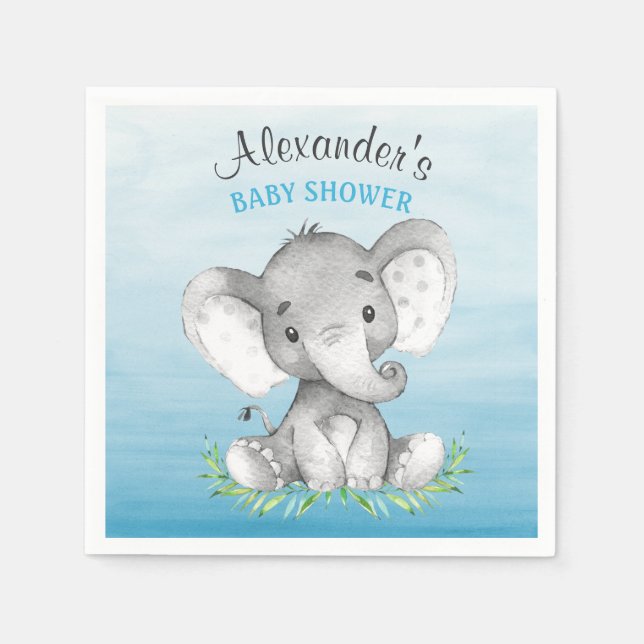 Watercolor Elephant Boy Baby Shower Napkin (Front)