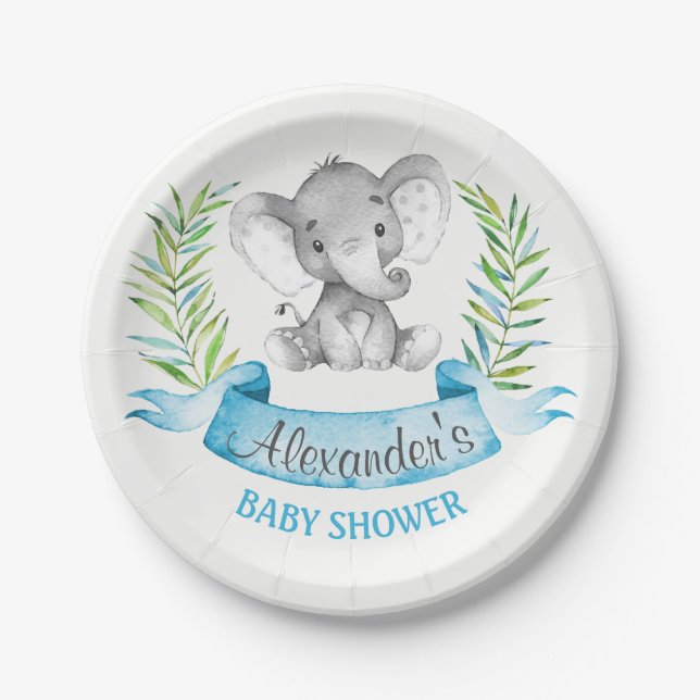 Watercolor Elephant Boy Baby Shower Paper Plate (Front)