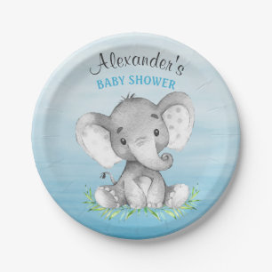 Watercolor Elephant Boy Baby Shower Paper Plate