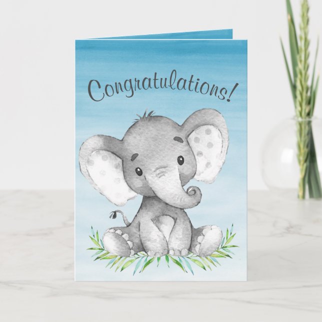 Watercolor Elephant Boy Congratulations Card (Front)
