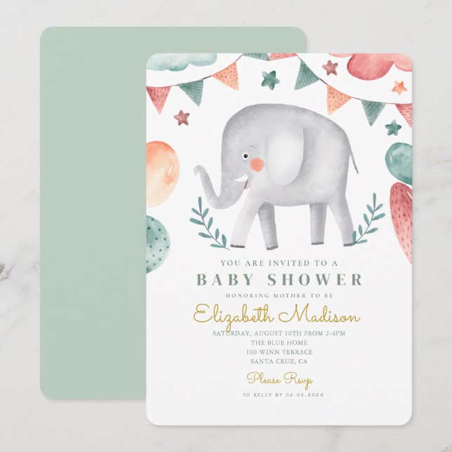 Watercolor Elephant Cute Baloons Baby Shower  Invitation (Front/Back)