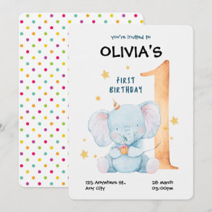 Watercolor Elephant First Birthday Invitation
