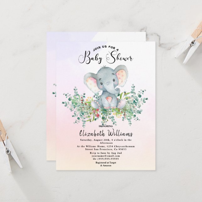 Watercolor Elephant Floral Eucalyptus Baby shower  Invitation (Front/Back In Situ)