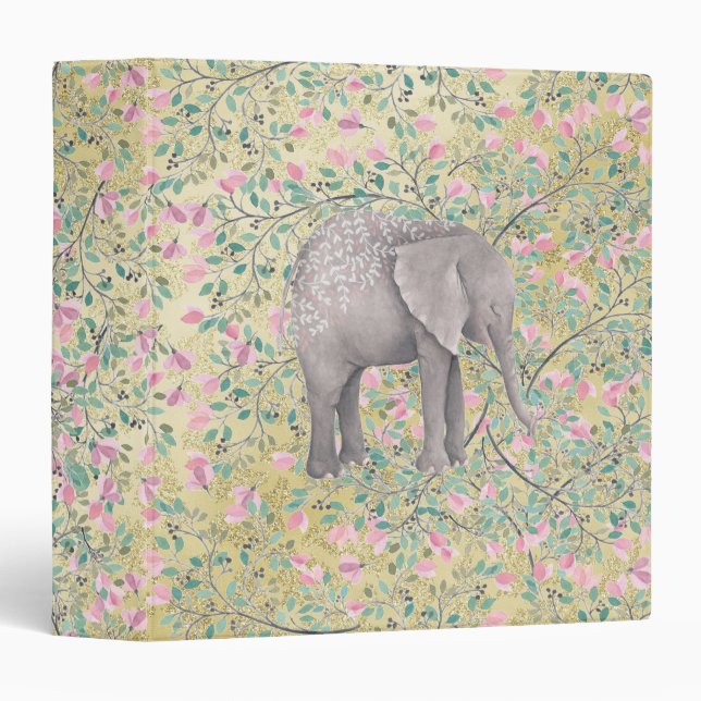 Watercolor Elephant Flowers Gold Glitter Binder (Front/Spine)