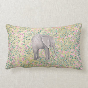 Watercolor Elephant Flowers Gold Glitter Lumbar Pillow
